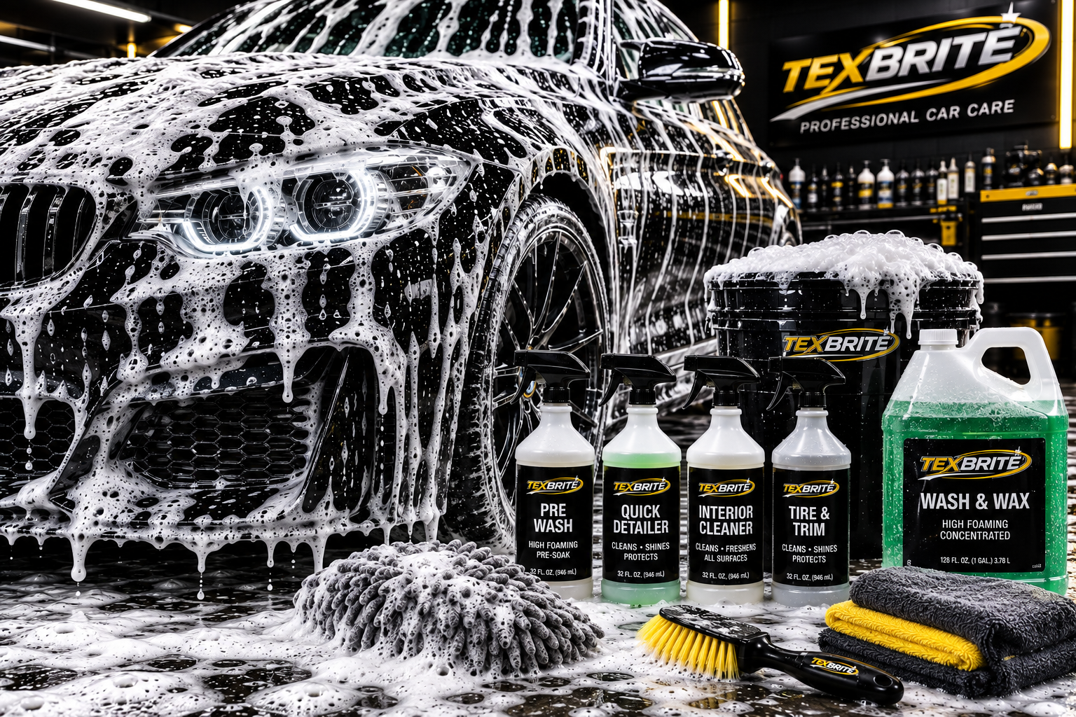 Exterior detailing products including Pre Wash, Quick Detailer, Interior Cleaner, Tire & Trim, and Wash & Wax with a foam-covered car in a professional Texbrite car care facility