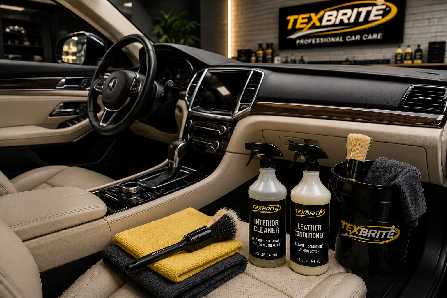 Interior detailing products including Interior Cleaner and Leather Conditioner with brushes and microfiber towels inside a luxury vehicle at a Texbrite Professional Car Care facility