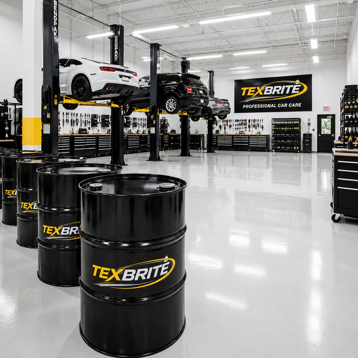 Professional automotive shop with Texbrite branded drums and vehicles on lifts in a clean, well-equipped facility