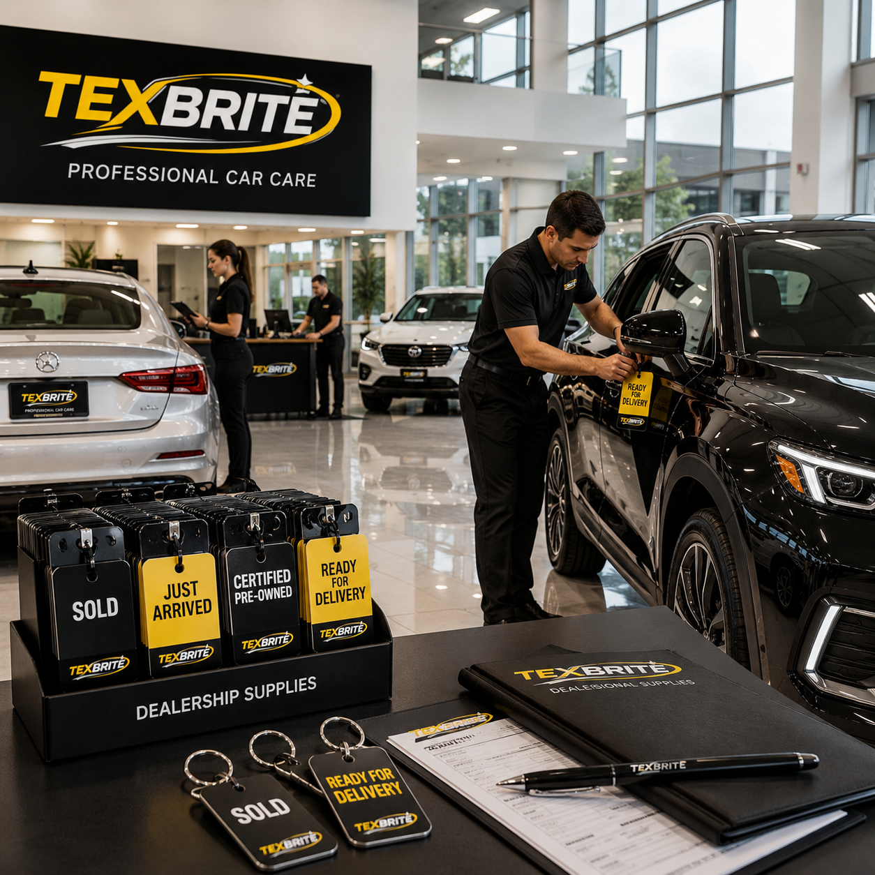 Texbrite dealership supplies including key tags, sold signs, ready for delivery tags, and dealership notebooks displayed in a professional car dealership showroom
