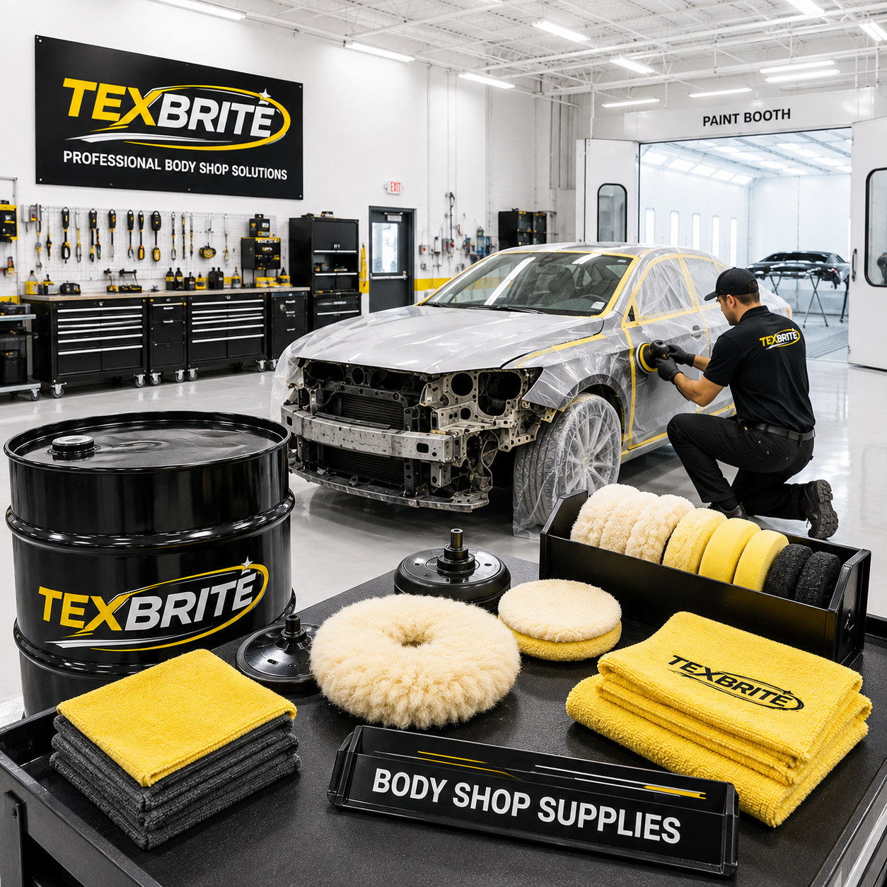 Texbrite body shop supplies including polishing pads, microfiber towels, and a drum in a professional body shop with a technician working on a vehicle near a paint booth