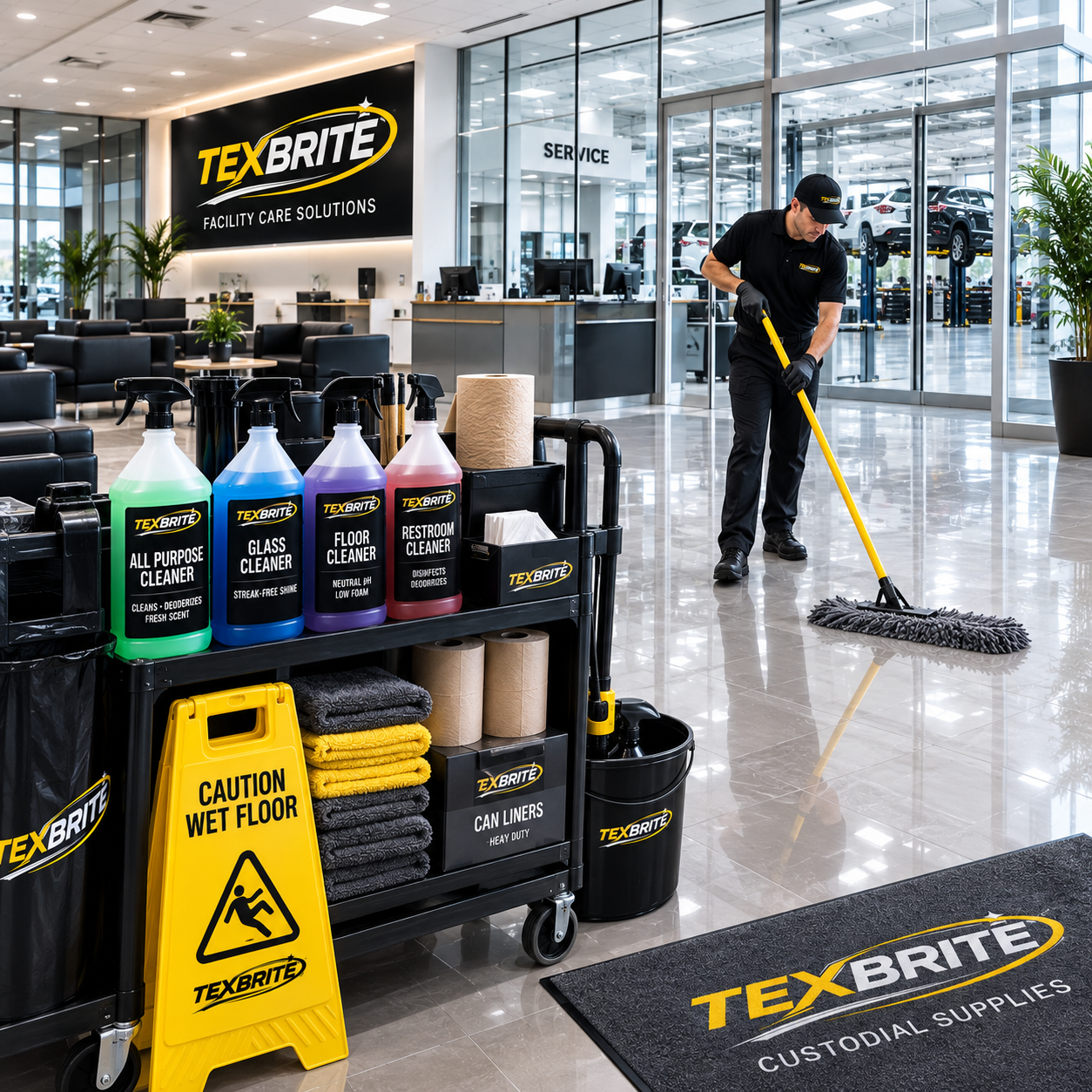 Texbrite custodial supplies including all purpose cleaner, glass cleaner, floor cleaner, restroom cleaner, can liners, and microfiber towels on a janitorial cart with a technician mopping a dealership showroom floor